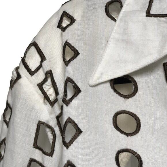 La Rea Collection White Brown Shoulders Pads Shirt Womens top 100% Linen XLarge - Picture 12 of 12